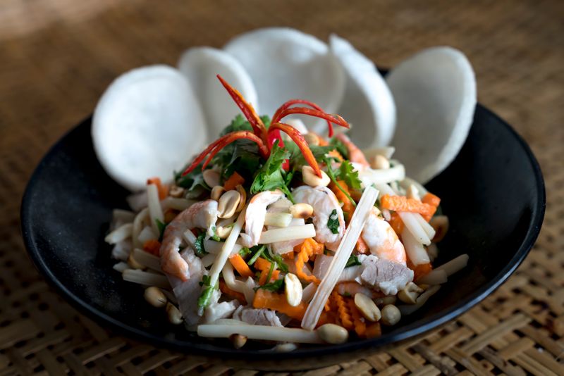 Spicy Thai Peanut Bowl with noodles and vegetables